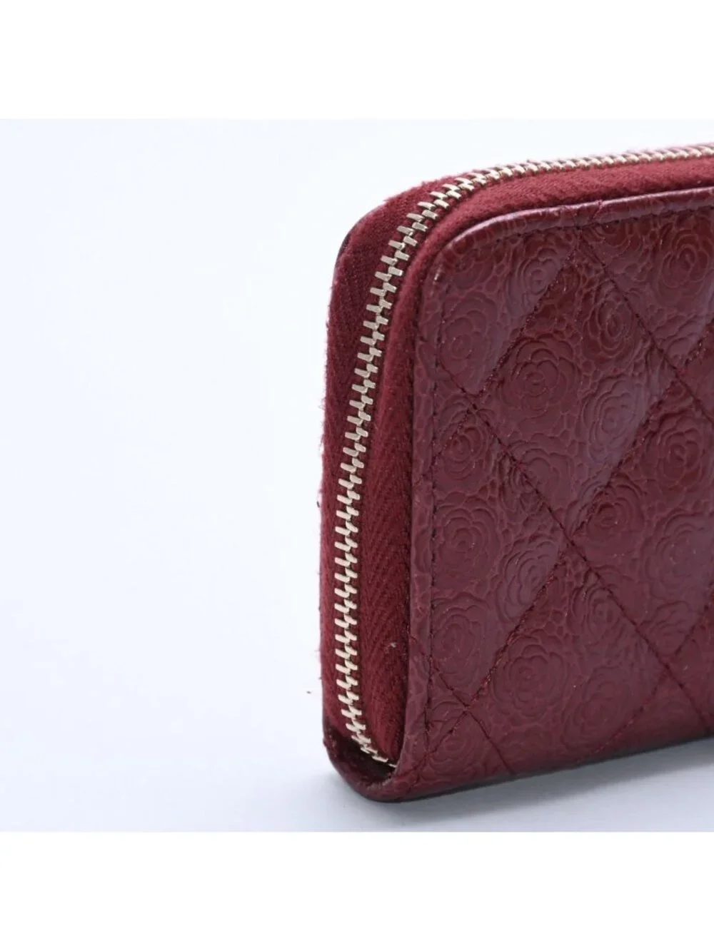 Chanel Camellia Embossed Quilted Zip Around Coin Purse Calfskin CC Logo